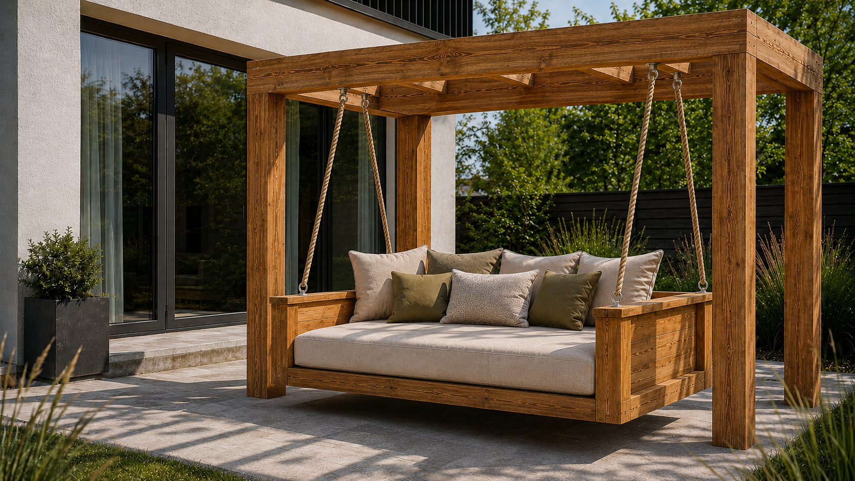 Daybed ogrodowy zawieszony w drewnianej pergoli z drewna klejonego — strefa wypoczynku przy domu